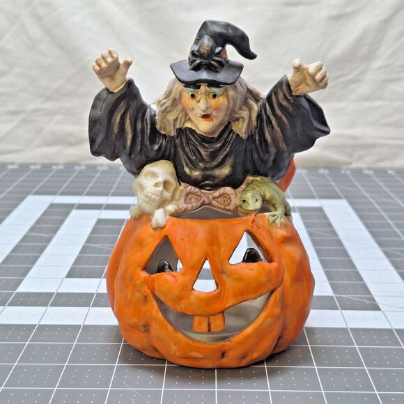 Vintage Creepy Halloween Witch Tealight Pumpkin Green Lizard Skull Tall Taiwan - Picture 1 of 11